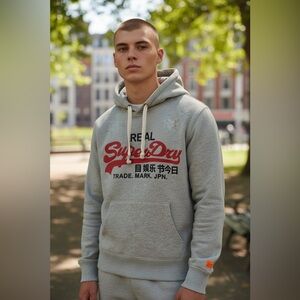 Superdry Light Gray Hoodie with Red Logo - Casual - Size M